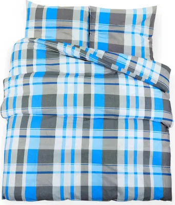 A top-down view of a plaid patterned duvet cover and pillowcases.