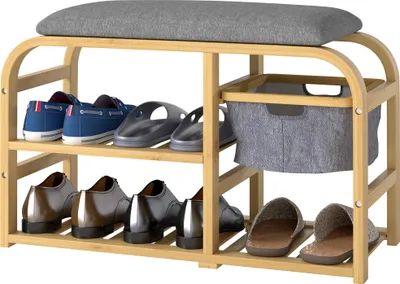 Produktbild von Schuhbank mit Regalen, Schuhaufbewahrungsbank, Bambus, Polstersitz, Grau