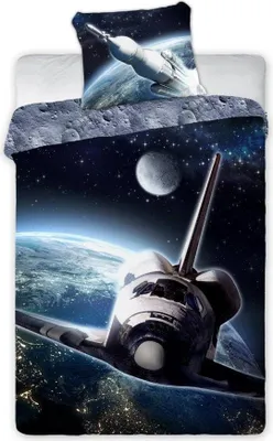 A space-themed duvet cover and pillowcase set.