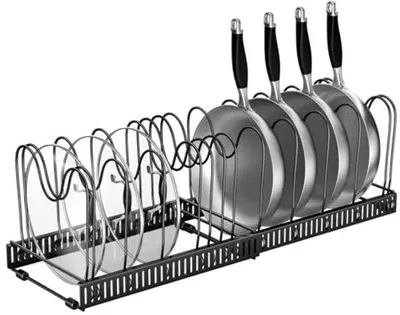 Image de Organisateur de rangement réglable pour casseroles et couvercles - 14 compartiments, noir
