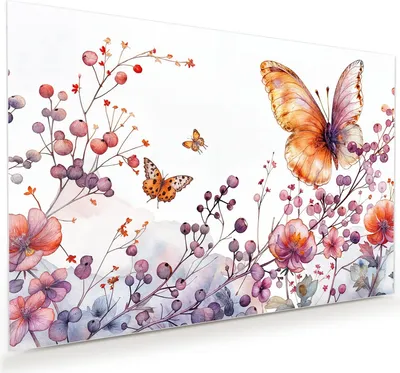 Produktbild von Glasbild 90x60cm in XXL für Wohnzimmer, Schlafzimmer Motiv Blumen und Schmetterlinge