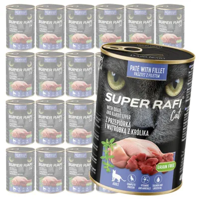 Zdjęcie produktu dla Super Rafi Cat 24x400g Bezzbożowa Mokra Karma Dla Kotów Z Przepiórką I Wątróbką Z Królika