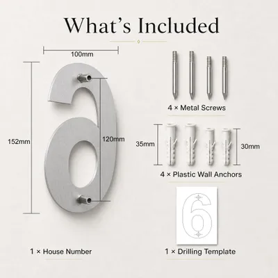 Produktbild von Hausnummer 6, gebürsteter Edelstahl, 152 mm Höhe, für die Hauswand