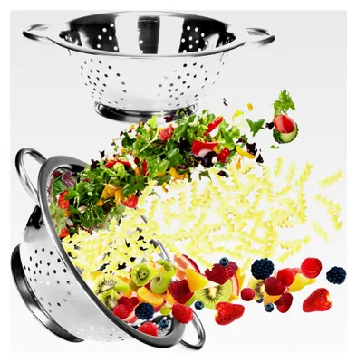 Produktbild von 2x Küchensieb aus Edelstahl - klassisches Nudelsieb - rundes Abtropfsieb zum Waschen von Obst, Gemüse und Salat (2 Stück - Henkel)