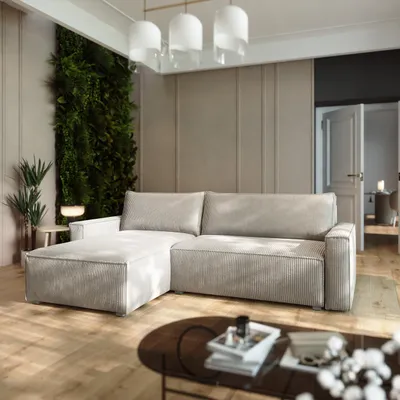 Produktbild von Masseno Ecksofa BESMIR mit Schlaffunktion L-Form, Sofa mit Bettkasten, Wohnzimmersofa, Couch, Soffa, Bettsofa, Couchgarnitur- Creme, POSO 100