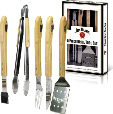 Produktbild von Jim Beam BBQ Grillbesteck Set Edelstahl - Grillzange Wender Grillgabel Grillset mit Holzgriffen 5 tlg.
