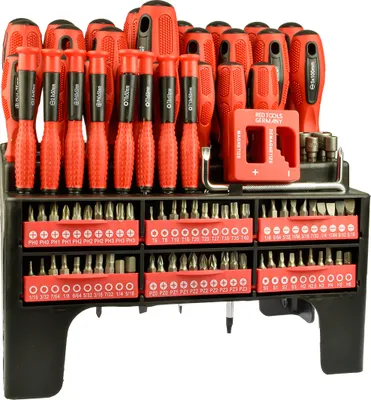 Produktbild von Red Tools Schraubendreher- und Bit-Set XXL – 101-tlg. Werkzeug-Set mit Winkel- & Präzisionsschraubendrehern, Stecknüssen & Standregal für Heimwerker