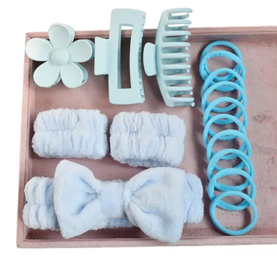 Image de INF Ensemble de 16 bandeaux de toilette à nœud souple — Accessoires pour cheveux en polyester et ABS avec grande pince mate et élastiques à cheveux très élastiques Bleu