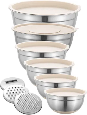 Produktbild von Küchen-Rührschüssel-Set aus Edelstahl für Salate, 6 Edelstahlschüsseln mit Reiben und rutschfestem Boden zum Backen, Zubereiten, Aufbewahren, Servieren und Kochen