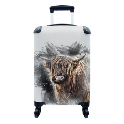 Produktbild von MuchoWow® Koffer Handgepäck Trolley Rollkoffer Kleine Reisekoffer mit 4 Rollen - Schottischer Highlander - Schwarz - Tiere - Cabin Size < 55x40x23 cm & 55x40x20 cm - Fotokoffer - Kabinenkoffer - Boardgepäck - Reise-Box - Reisekoffer - Reisegepäck - Koffer mit Bild - Trolley für Kinder