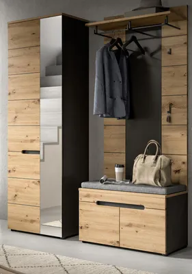 Produktbild von Garderobe Set 3-teilig "Cooper" in Artisan Eiche und grau 160 cm, Soft-Close und inklusive Sitzkissen