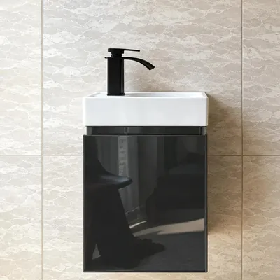 Produktbild von Faizee Home Alkan Badmöbel Set 40 cm Hochglanz – Waschbecken, optional Spiegel & Armatur Grau-Unterschrank+ Waschbecken+ Armatur
