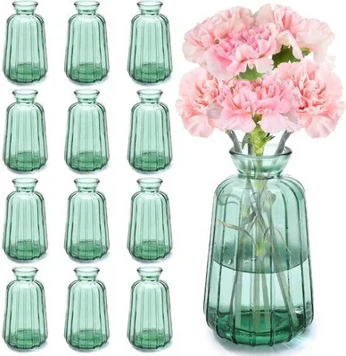 Produktbild von Unyqoos® 12er-Set Mini-Glasvasen – Vintage-Tischdekoration, dickwandiges Glas, kleine Vasen für Hochzeit & Zuhause