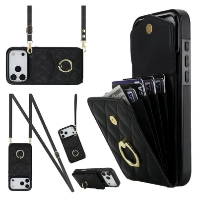 Obrázek produktu pro Crossbody pouzdro z umělé kůže pro Apple iPhone 17 Pro s kosočtvercovým vzorem a slotem na karty RFID, černé