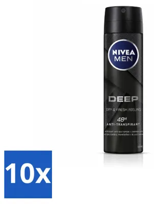Imagen del producto de 10 aerosoles antitranspirantes NIVEA MEN DEEP, fórmula con carbón , 150 ml. Paquete ahorro, 10 unidades