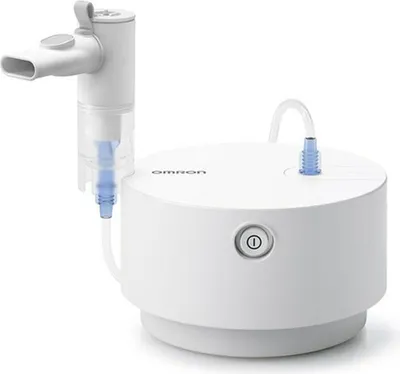 A white Omron compressor nebulizer is shown against a white background.