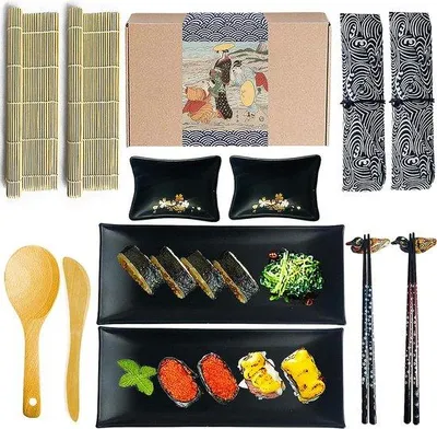 Productafbeelding van Famanu Sushi-set, 14-delig - inclusief eetstokjes, servetten, schalen en bamboematten