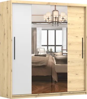 Produktbild von Gaderobe Kleiderschrank mit Spiegel Schwebetürenschrank 2-türig Schrank mit vielen Einlegeböden und Kleiderstange  Schiebtüren Schlafzimmer- Wohnzimmerschrank - Schrank Marsylio
