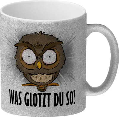Produktbild von Eule Glitzer-Kaffeebecher mit Spruch Was glotzt du so?