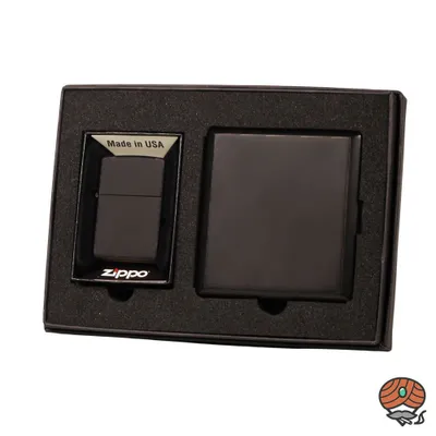 Produktbild von Zippo Geschenk Set Black Matte + Black Matte Etui mit Messing Bügel