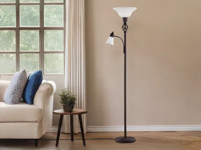 A floor lamp with a reading arm is placed next to a sofa in a living room setting.