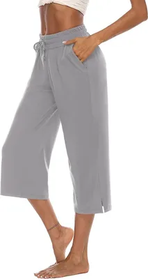 Produktbild von ASKSA Damen 3/4 Hose Caprihose Weites Freizeithosen Jogginghose Loose Yoga mit Taschen, Grau, XL