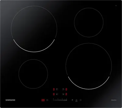 A top-down view of a black Samsung induction cooktop with four heating elements and a control panel.
