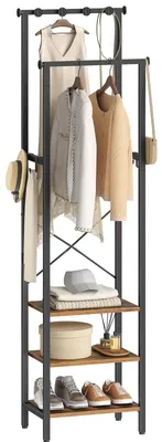 Freistehende Garderobe mit 3 Regalböden, Haken und Kleiderstange