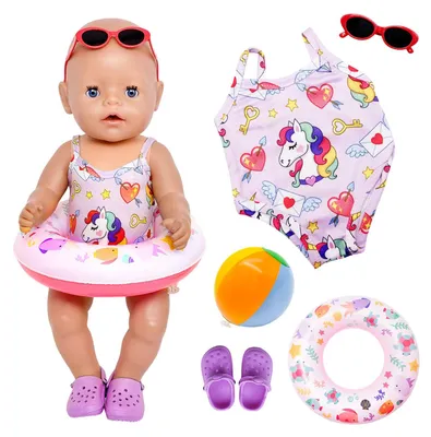 Imagen del producto de Conjunto de ropa de baño para muñecas bebé, traje de baño tipo bikini con cintura, de 35-45 cm, que incluye un flotador y accesorios para muñecas