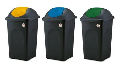 Produktbild von Set: 3er Abfalleimer 60 L mit Schwingdeckel in drei Farben für optimale Mülltrennung