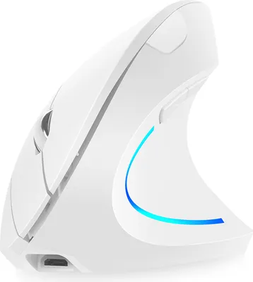 A white ergonomic vertical mouse with blue LED lighting.