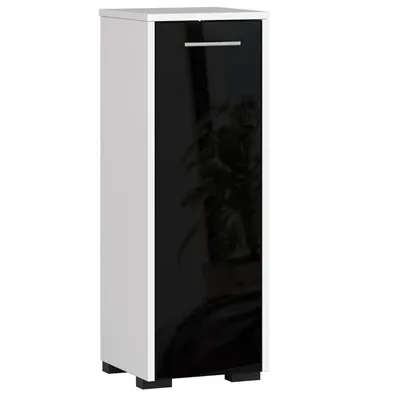 Image de Armoire de salle de bain indépendante : une porte, deux étagères, couleur : blanc | noir brillant, dimensions du meuble : l : 30 cm, H : 82 cm, P : 30 cm