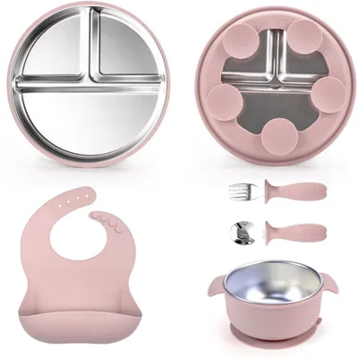 Produktbild von 5er Set Edelstahl Kinderbords mit Saugnapf – BPA-frei, Babybesteck rosa