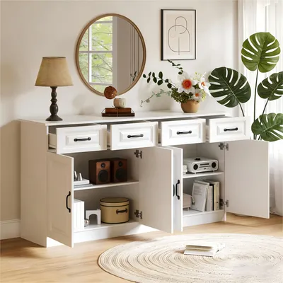 Produktbild von STILVORA Sideboard mit 4 Schubladen und 4 Türen, Kommode mit geriffeltem Design und 2 Ablageflächen, Aufbewahrungsschrank mit großem Stauraum Weiß