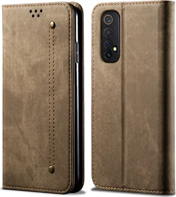 Produktbild von OPPO Realme 7 Hülle, LaimTop Denim Leder Brieftasche Magnetverschluss Flip Bookstyle Schutzhülle mit Standfunktion für OPPO Realme 7 Khaki