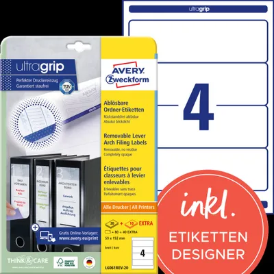 Produktbild von Avery Zweckform L6061REV-20 Ordner-Etiketten, ablösbar, A4 mit ultragrip, 59 x 192 mm, 30 Bogen/120 Etiketten, weiß