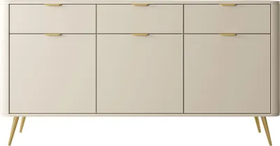 A front view of a beige sideboard with three drawers and three cabinet doors, set against a white background.