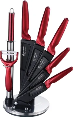 Immagine prodotto di EDENBERG set di coltelli 360° coltello da cucina coltello da chef coltello da pane coltello da affettare coltello da affilare, rosso e nero, EB-951