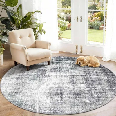 Zdjęcie produktu dla Okrągły dywan z abstrakcyjnym wzorem, możliwość prania, antypoślizgowy, jasnoszary, średnica 120 cm