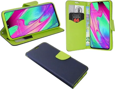 A collage of three images showing a blue and green flip-style phone case, with one image showing the case open with a phone inside, another showing the case closed, and a third showing the case open with cards and money inside.