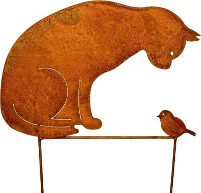 Produktbild von Rost Gartenstecker Katze und Vogel 50 x 43 cm Edelrost Garten Deko