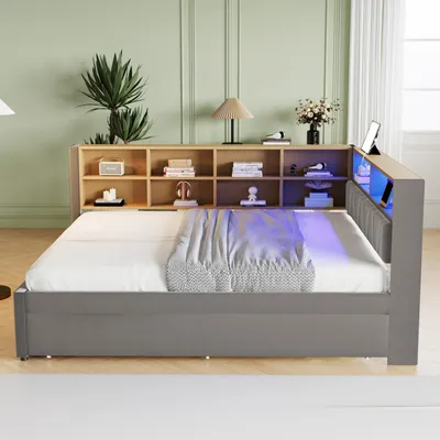 Obrázek produktu pro MODFU Rozkládací postel 140×200 cm, Multifunkční rozkládací postel, Jednolůžko, S LED světly, Zásuvkami a mnoha úložnými prostory, Bez matrace, Tmavě šedá