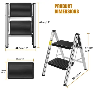 Produktbild von Haushaltsleiter - Klappbare 2-Stufen Trittleiter/Hocker - Edelstahl - Rutschfest - Belastbar bis 150 kg - Für Küche und Zuhause - 2 Stufen