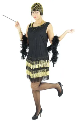 Produktbild von 20er Jahre Damen Kleid Charleston Kostüm, schwarz-gold, Größe:XL