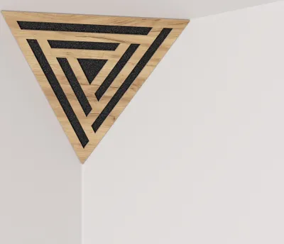 Zdjęcie produktu dla 2-częściowa sufitowa narożna pułapka basowa "Triangle-SCIFI" z pianki akustycznej z perforowaną laminowaną płytą HDF | 42x42x42cm | pułapka basowa w kształcie trójkątnej piramidy| kolor: dąb