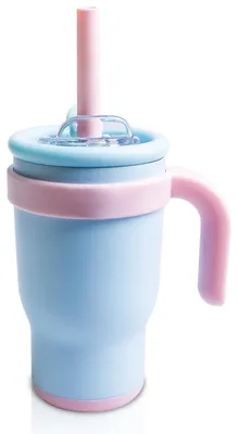 Isolierbecher 420 ml mit Strohhalm, Henkel, Deckel, Edelstahl