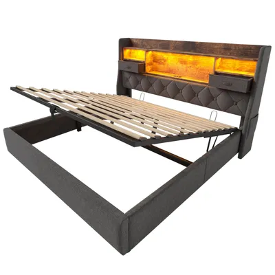 Produktbild von Flieks Hydraulisches Polsterbett 180x200cm mit Usb & Type-c, Boxspringbett Doppelbett mit Led, Jugendbett Stauraumbett mit Schubladen, Leinen, Grau