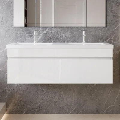 Produktbild von 120cm Mineralguss Waschtisch mit Unterschrank Badmöbel Set mit Türs Soft-close - Hochglanz Weiß