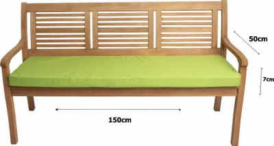 A wooden garden bench with a green cushion, shown with dimensions indicated by text overlays.