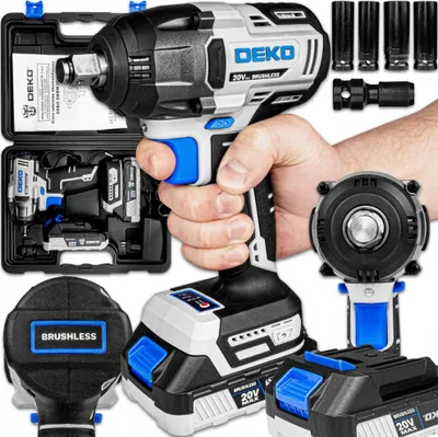 Zdjęcie produktu dla Bezszczotkowa wkrętarka udarowa Deko 20V, 350Nm, 1/2 cala, z akumulatorem, ładowarką i nasadkami